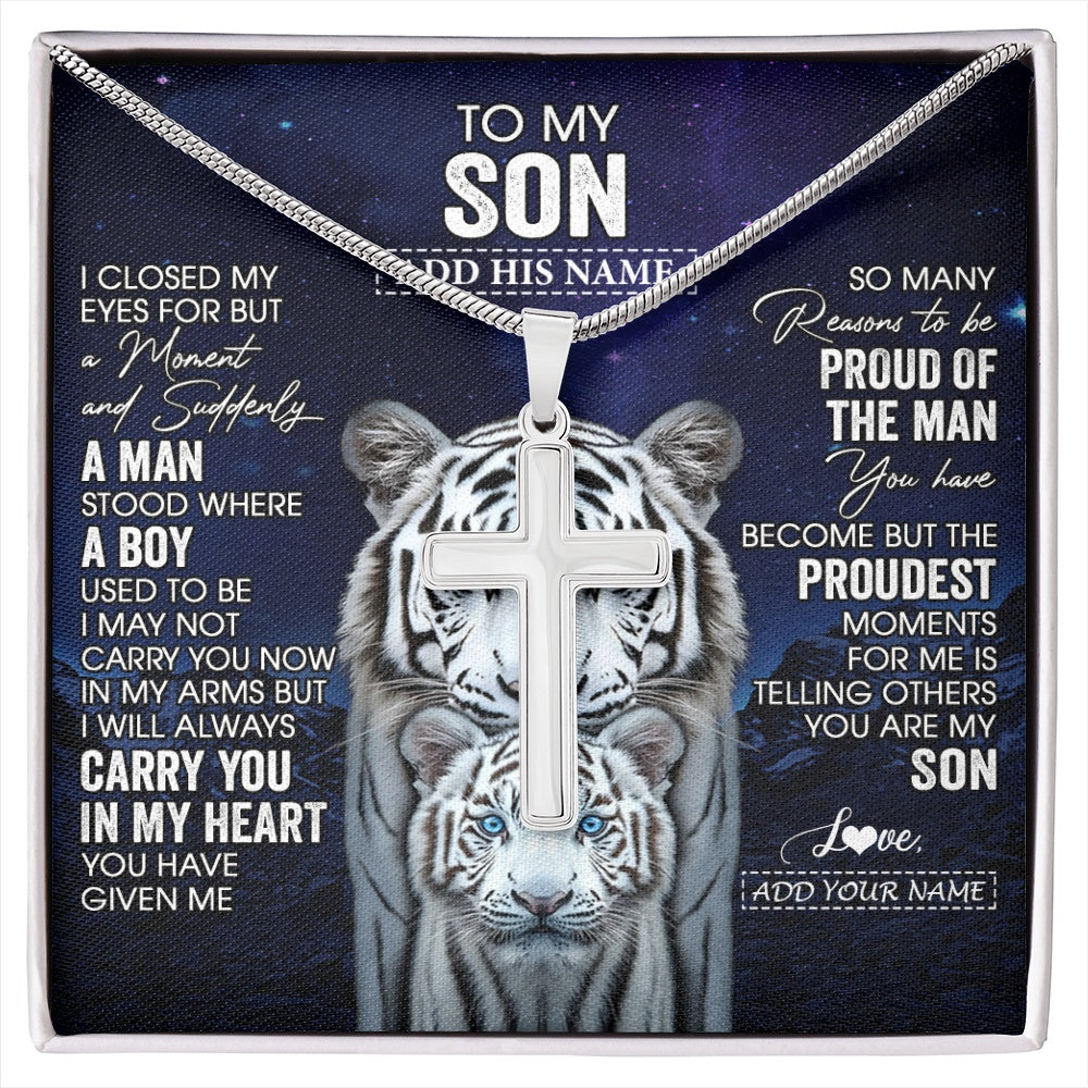 Stainless Cross Necklace Stainless Steel | 1 | Personalized To My Son Necklace From Mom Dad I Close My Eyes White Tiger Birthday Gift For Son Graduation Christmas Custom Jewelry Gift Box Message Card | https://siriusteestore.