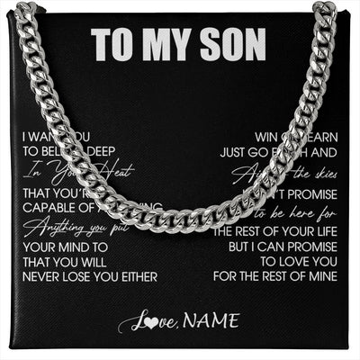 Cuban Link Chain Necklace Stainless Steel | 1 | Personalized To My Son Necklace From Mom Dad Mother Believe Deep In Your Heart Son Birthday Jewelry Gift For Men Christmas Customized Gift Box Message Card | siriusteestore