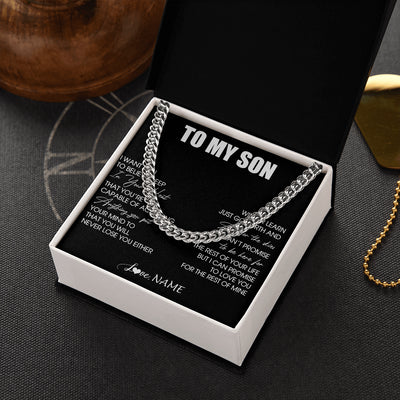 Cuban Link Chain Necklace Stainless Steel | 2 | Personalized To My Son Necklace From Mom Dad Mother Believe Deep In Your Heart Son Birthday Jewelry Gift For Men Christmas Customized Gift Box Message Card | siriusteestore