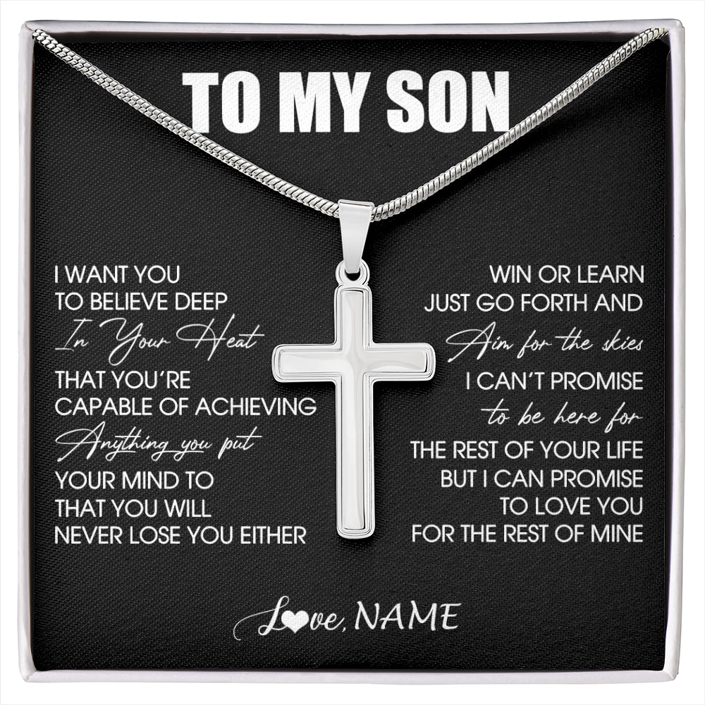 Stainless Cross Necklace Stainless Steel | 1 | Personalized To My Son Necklace From Mom Dad Mother Believe Deep In Your Heart Son Birthday Jewelry Gift For Men Christmas Customized Gift Box Message Card | siriusteestore