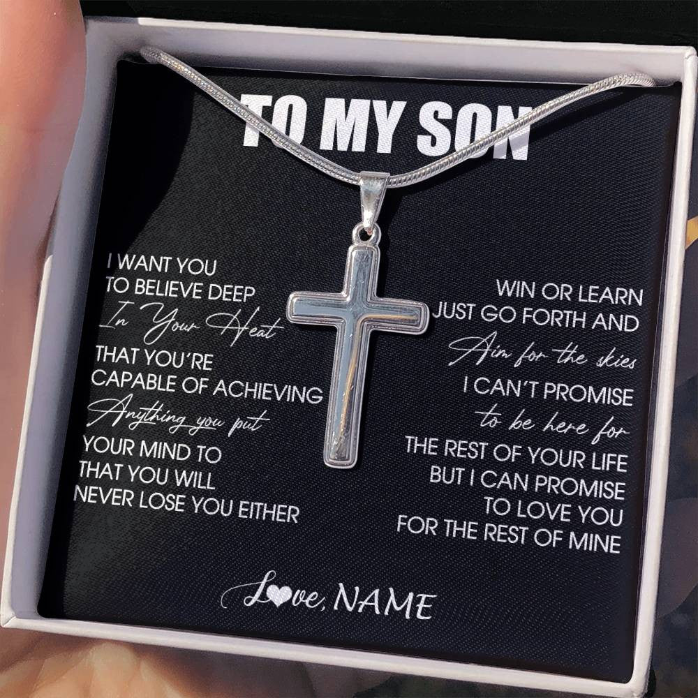 Stainless Cross Necklace Stainless Steel | 2 | Personalized To My Son Necklace From Mom Dad Mother Believe Deep In Your Heart Son Birthday Jewelry Gift For Men Christmas Customized Gift Box Message Card | siriusteestore