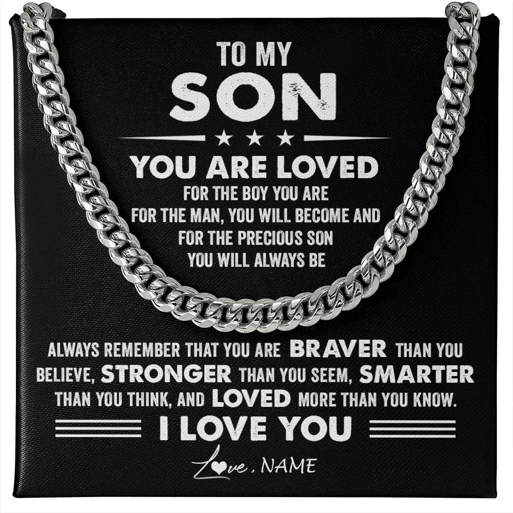 Cuban Link Chain Necklace Stainless Steel | 1 | Personalized To My Son Necklace From Mom Dad Mother Father Cuban Chain You Are Loved Gifts Son Birthday Graduation Christmas Customized Gift Box Message Card | siriusteestore