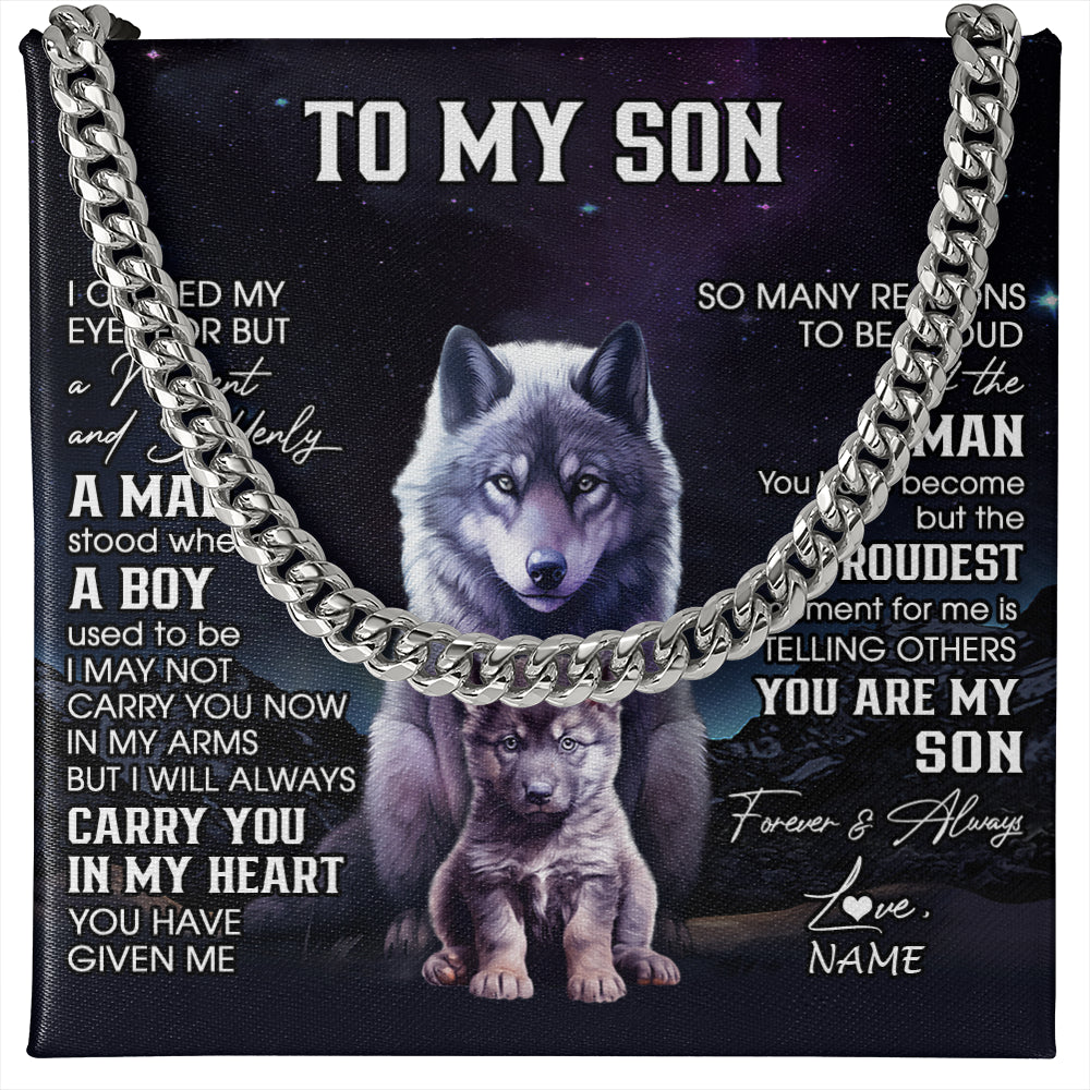 Cuban Link Chain Necklace Stainless Steel | 1 | Personalized To My Son Necklace From Mom Dad Mother Father I Close My Eyes Wolf Son Birthday Gifts Graduation Christmas Customized Gift Box Message Card | siriusteestore