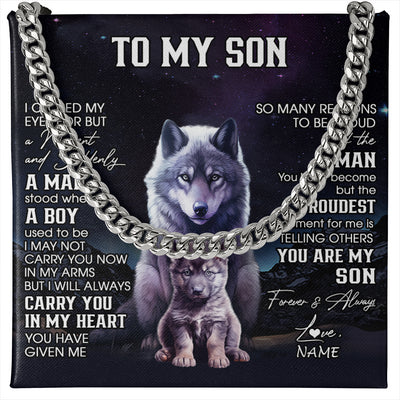 Cuban Link Chain Necklace Stainless Steel | 1 | Personalized To My Son Necklace From Mom Dad Mother Father I Close My Eyes Wolf Son Birthday Gifts Graduation Christmas Customized Gift Box Message Card | siriusteestore