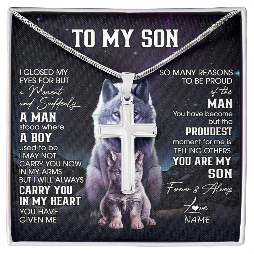 Stainless Cross Necklace Stainless Steel | 1 | Personalized To My Son Necklace From Mom Dad Mother Father I Close My Eyes Wolf Son Birthday Gifts Graduation Christmas Customized Gift Box Message Card | siriusteestore