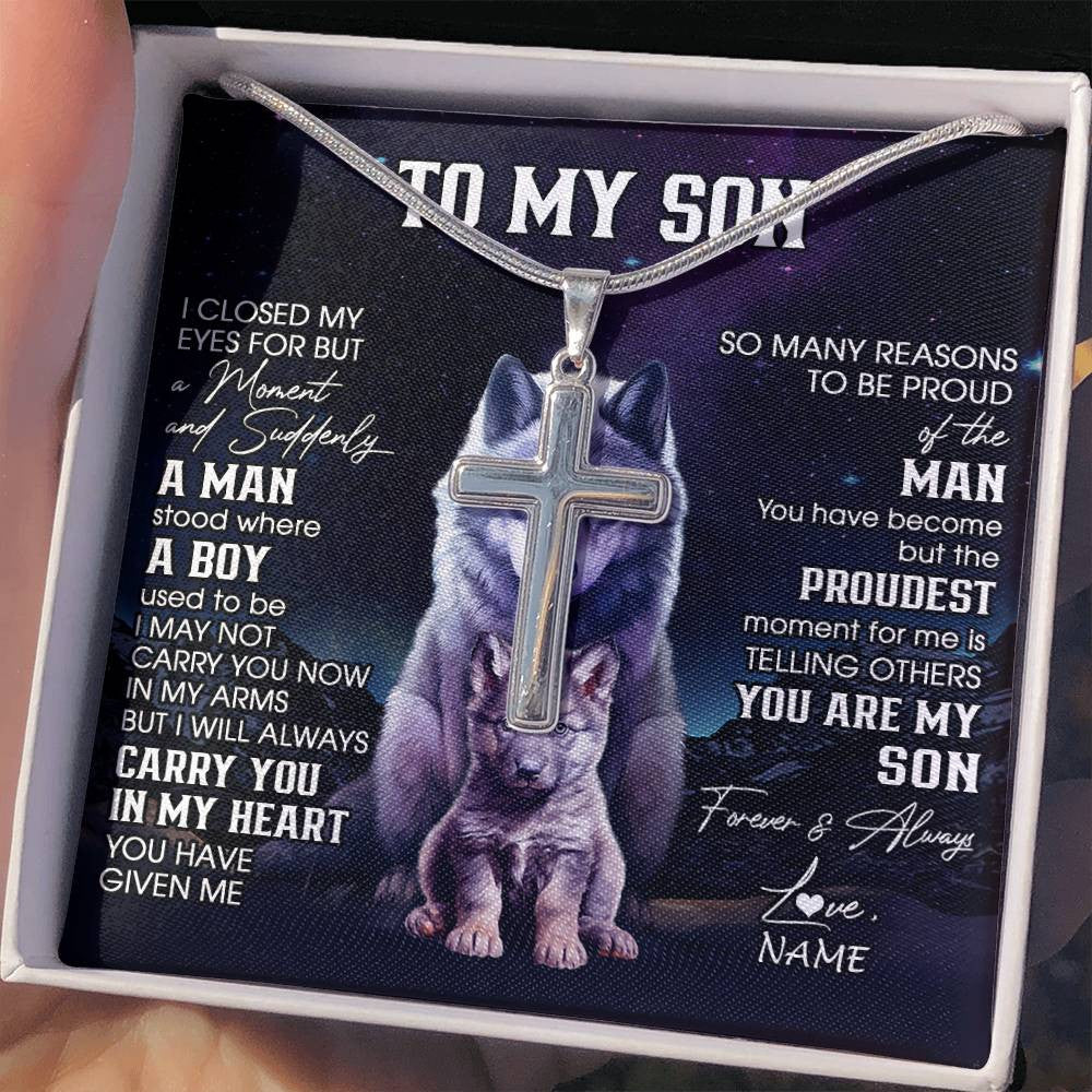 Stainless Cross Necklace Stainless Steel | 2 | Personalized To My Son Necklace From Mom Dad Mother Father I Close My Eyes Wolf Son Birthday Gifts Graduation Christmas Customized Gift Box Message Card | siriusteestore