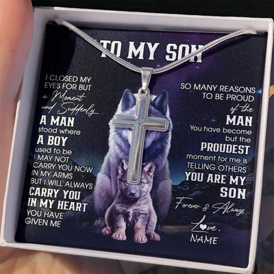 Stainless Cross Necklace Stainless Steel | 2 | Personalized To My Son Necklace From Mom Dad Mother Father I Close My Eyes Wolf Son Birthday Gifts Graduation Christmas Customized Gift Box Message Card | siriusteestore