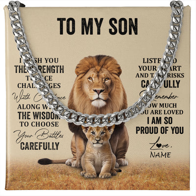 Cuban Link Chain Necklace Stainless Steel | 1 | Personalized To My Son Necklace From Mom Dad Mother Father I Wish You The Strength Lion Son Birthday Graduation Christmas Customized Gift Box Message Card | siriusteestore