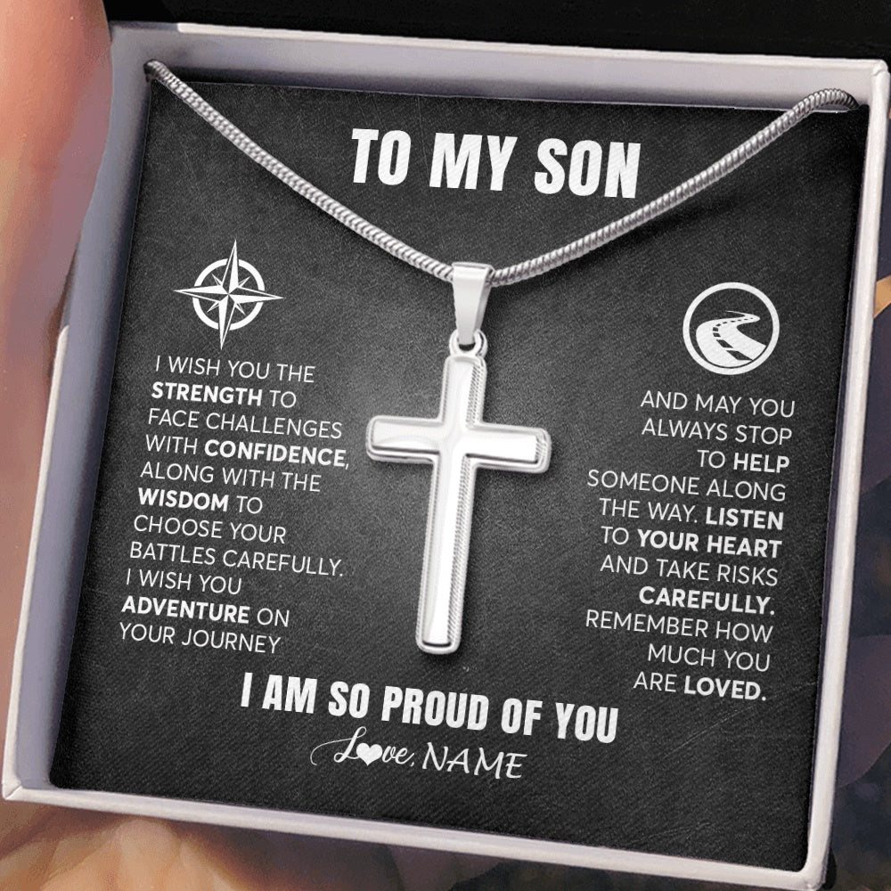 Stainless Cross Necklace Stainless Steel | 2 | Personalized To My Son Necklace From Mom Dad Mother Father I Wish You The Strength Son Birthday Graduation Inspirational Customized Gift Box Message Card | siriusteestore.myshopify