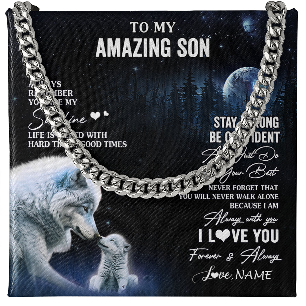 Cuban Link Chain Necklace Stainless Steel | 1 | Personalized To My Son Necklace From Mom Dad Mother Father Moon Wolf Son Birthday Gifts Graduation Christmas Customized Gift Box Message Card | siriusteestore