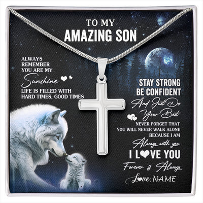 Stainless Cross Necklace Stainless Steel | 1 | Personalized To My Son Necklace From Mom Dad Mother Father Moon Wolf Son Birthday Gifts Graduation Christmas Customized Gift Box Message Card | siriusteestore