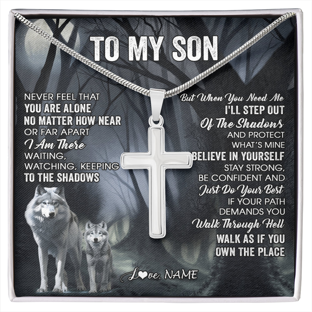 Stainless Cross Necklace Stainless Steel | 1 | Personalized To My Son Necklace From Mom Dad Mother Father Never Feel That You Are Alone Wolf Son Birthday Gifts Christmas Customized Gift Box Message Card | siriusteestore