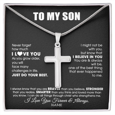 Stainless Cross Necklace | Personalized To My Son Necklace From Mom Dad Mother Father Smarter Than You Think Son Birthday Christmas Customized Gift Box Message Card | siriusteestore