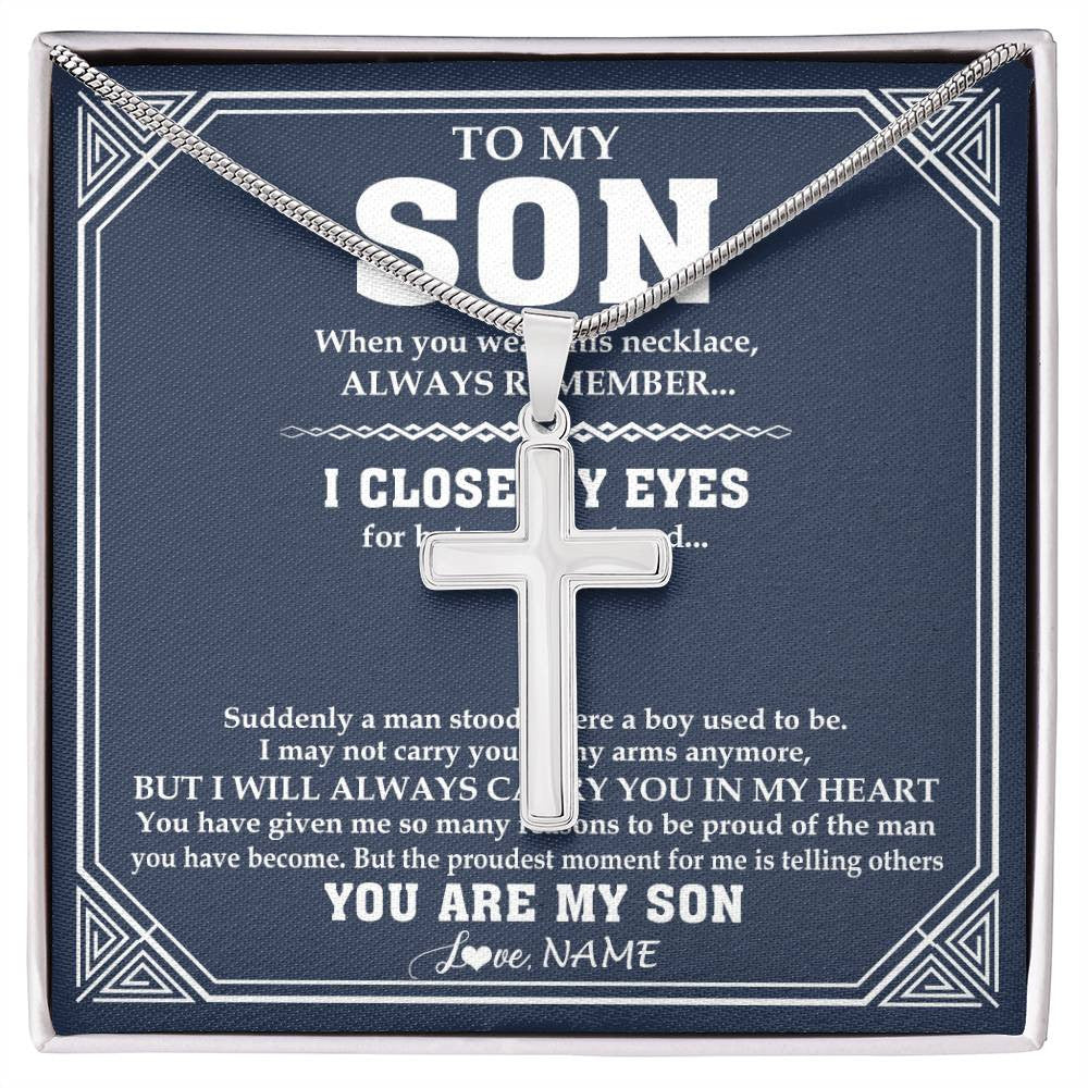 Stainless Cross Necklace Stainless Steel | 1 | Personalized To My Son Necklace From Mom Dad Mother Father Suddenly A Man Jewelry Son Birthday Gifts Graduation Christmas Customized Gift Box Message Card | siriusteestore