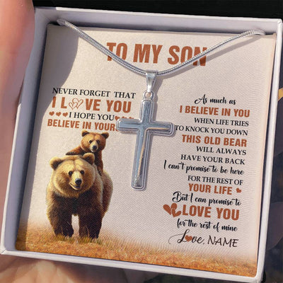 Stainless Cross Necklace Stainless Steel | 2 | Personalized To My Son Necklace From Mom Dad Mother Father This Old Bear Love You Son Birthday Gifts Graduation Christmas Customized Gift Box Message Card | siriusteestore