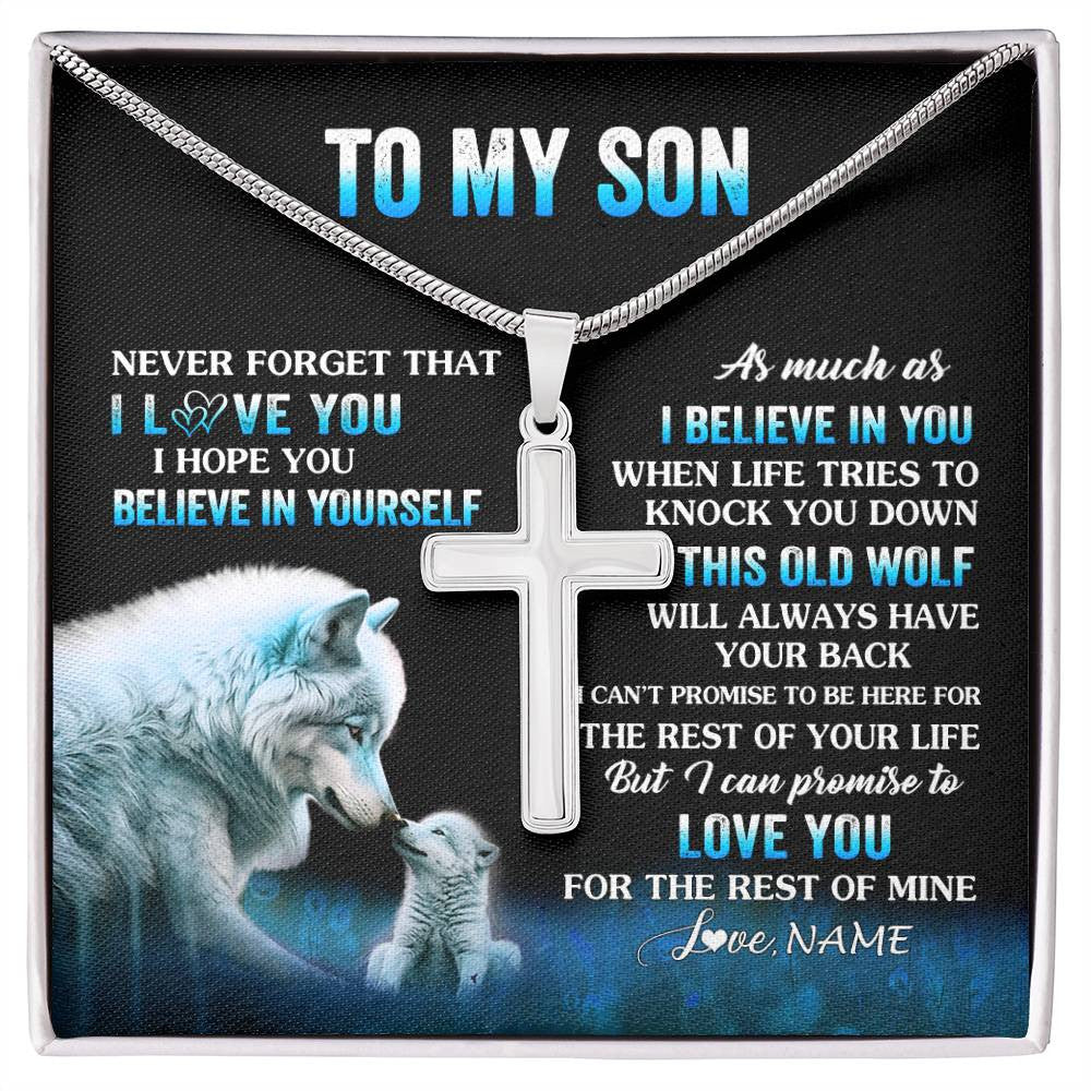 Stainless Cross Necklace Stainless Steel | 1 | Personalized To My Son Necklace From Mom Dad Mother Father This Old Wolf Love Son Birthday Gifts Graduation Christmas Customized Gift Box Message Card | siriusteestore