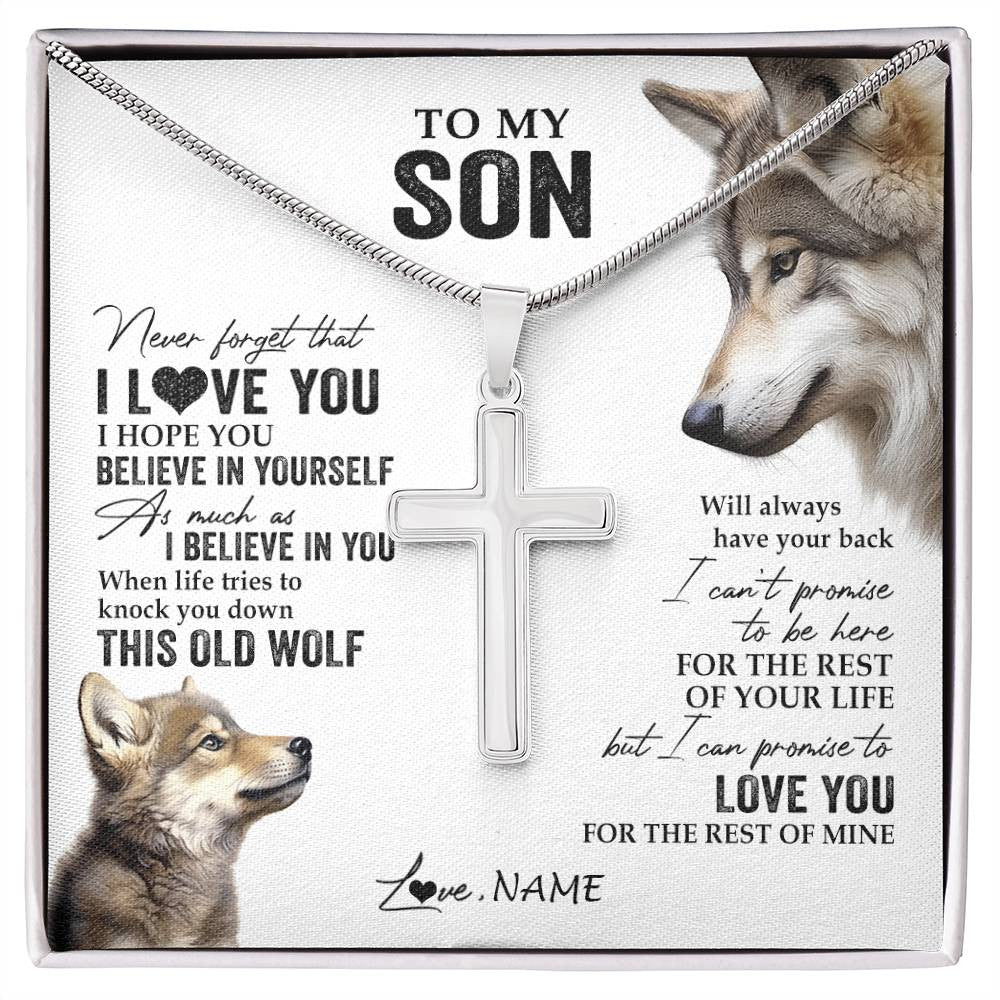 Stainless Cross Necklace Stainless Steel | 1 | Personalized To My Son Necklace From Mom Dad Mother Father This Old Wolf Love You Son Birthday Graduation Christmas Customized Gift Box Message Card | siriusteestore
