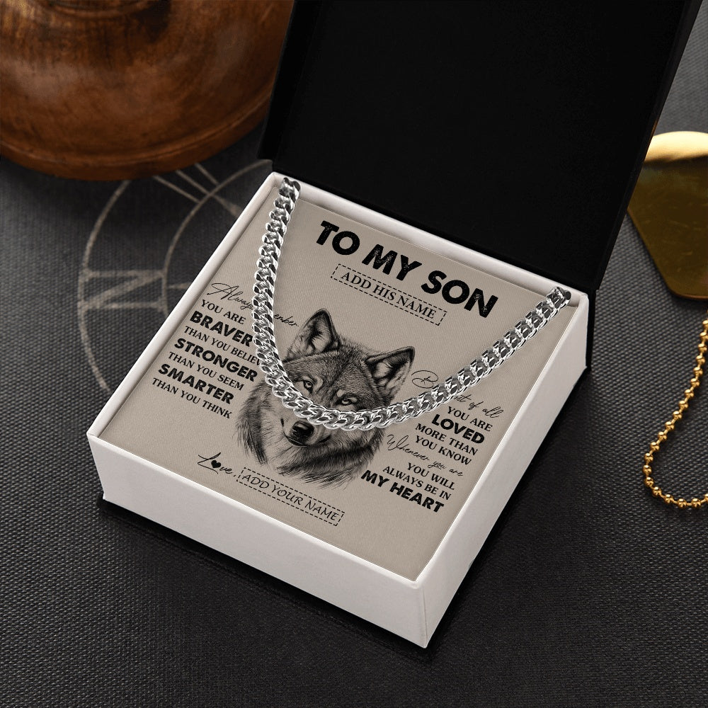 Cuban Link Chain Necklace Stainless Steel | 2 | Personalized To My Son Necklace From Mom Dad Mother Father Wolf Braver Stronger Smarter Son Birthday Graduation Christmas Customized Gift Box Message Card | siriusteestore.myshopify