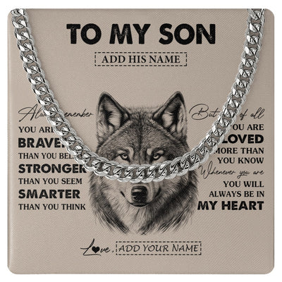 Cuban Link Chain Necklace Stainless Steel | 1 | Personalized To My Son Necklace From Mom Dad Mother Father Wolf Braver Stronger Smarter Son Birthday Graduation Christmas Customized Gift Box Message Card | siriusteestore.myshopify