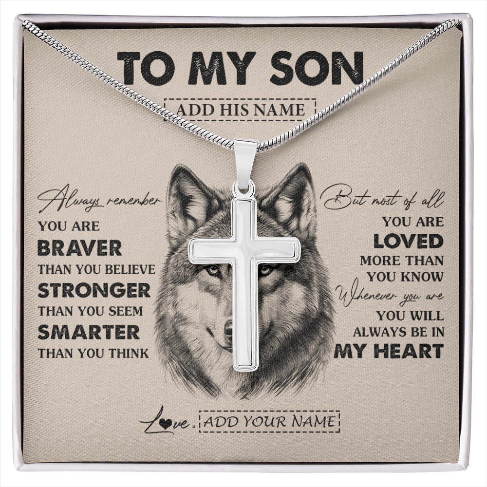 Stainless Cross Necklace Stainless Steel | 1 | Personalized To My Son Necklace From Mom Dad Mother Father Wolf Braver Stronger Smarter Son Birthday Graduation Christmas Customized Gift Box Message Card | siriusteestore.myshopify