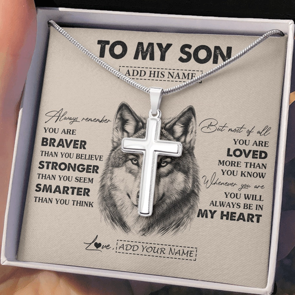 Stainless Cross Necklace Stainless Steel | 2 | Personalized To My Son Necklace From Mom Dad Mother Father Wolf Braver Stronger Smarter Son Birthday Graduation Christmas Customized Gift Box Message Card | siriusteestore.myshopify