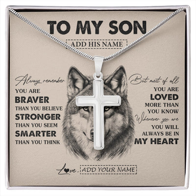 Stainless Cross Necklace Stainless Steel | 1 | Personalized To My Son Necklace From Mom Dad Mother Father Wolf Braver Stronger Smarter Son Birthday Graduation Christmas Customized Gift Box Message Card | siriusteestore.myshopify