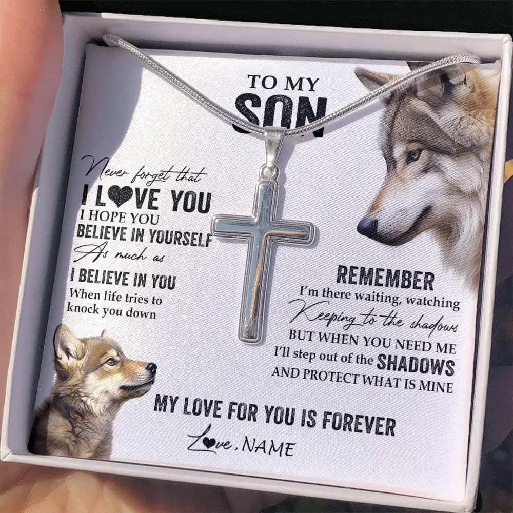 Stainless Cross Necklace Stainless Steel | 2 | Personalized To My Son Necklace From Mom Dad Mother Father Wolf My Love For You Is Forever Son Birthday Graduation Christmas Customized Gift Box Message Card | siriusteestore