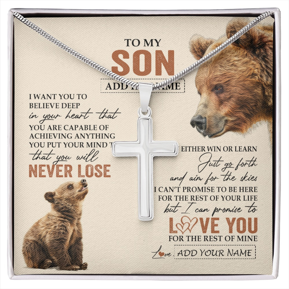 Stainless Cross Necklace Stainless Steel | 1 | Personalized To My Son Necklace From Mom Dad Mother Father You Will Never Lose Bear Son Birthday Gifts Graduation Christmas Customized Gift Box Message Card | siriusteestore.myshopify