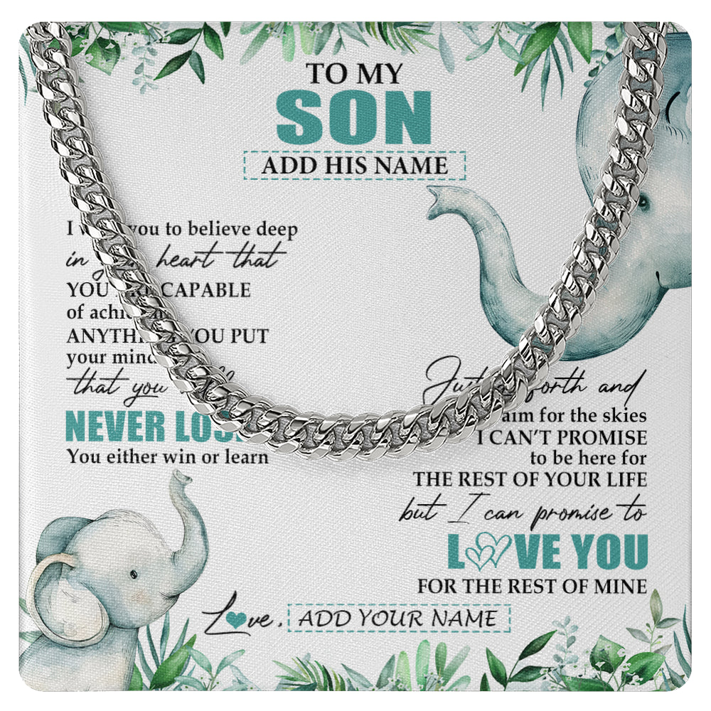 Cuban Link Chain Necklace Stainless Steel | 1 | Personalized To My Son Necklace From Mom Dad Mother Father You Will Never Lose Elephant Son Birthday Gifts Graduation Christmas Custom Gift Box Message Card | siriusteestore