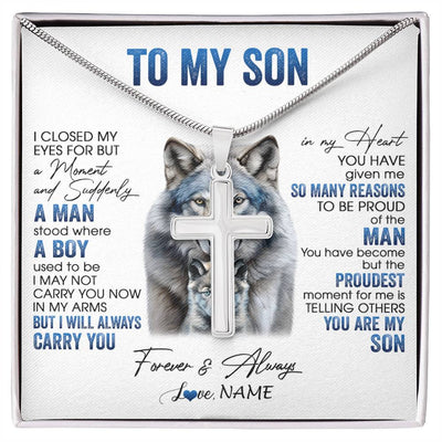 Stainless Cross Necklace Stainless Steel | 1 | Personalized To My Son Necklace From Mom Dad Mother I Close My Eyes For But A Moment Wolf Son Birthday Gifts Christmas Customized Gift Box Message Card | siriusteestore