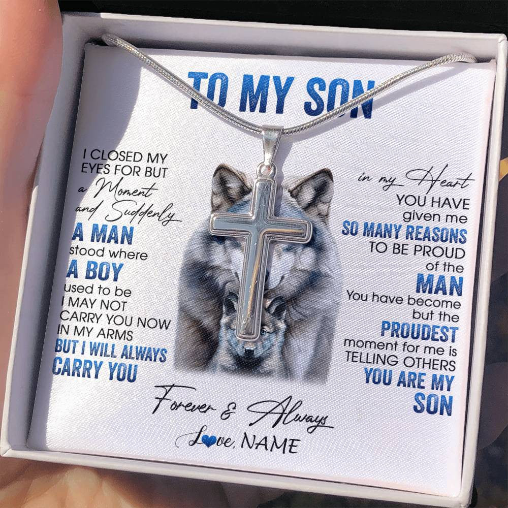 Stainless Cross Necklace Stainless Steel | 2 | Personalized To My Son Necklace From Mom Dad Mother I Close My Eyes For But A Moment Wolf Son Birthday Gifts Christmas Customized Gift Box Message Card | siriusteestore