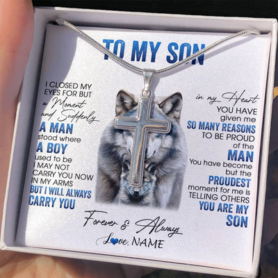Stainless Cross Necklace Stainless Steel | 2 | Personalized To My Son Necklace From Mom Dad Mother I Close My Eyes For But A Moment Wolf Son Birthday Gifts Christmas Customized Gift Box Message Card | siriusteestore