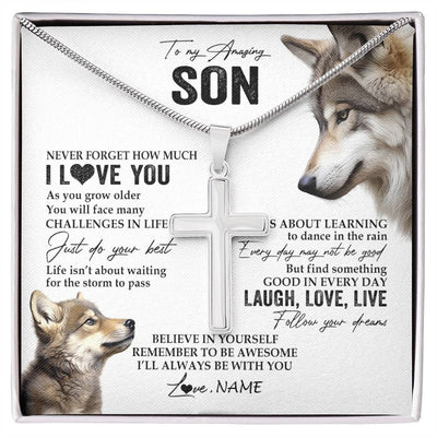 Stainless Cross Necklace Stainless Steel | 1 | Personalized To My Son Necklace From Mom Dad Mother Just Do You Best Laugh Love Live Wolf Son Birthday Graduation Christmas Customized Gift Box Message Card | siriusteestore