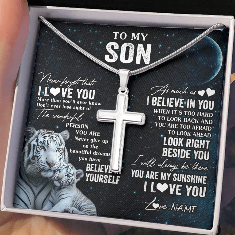 Stainless Cross Necklace Stainless Steel | 2 | Personalized To My Son Necklace From Mom Dad Mother Never Forget I Love You White Tiger Son Birthday Graduation Christmas Customized Gift Box Message Card | siriusteestore