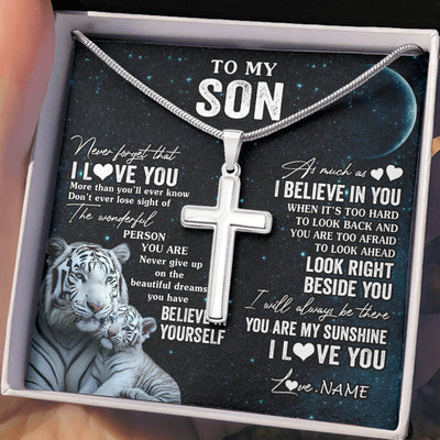 Stainless Cross Necklace Stainless Steel | 2 | Personalized To My Son Necklace From Mom Dad Mother Never Forget I Love You White Tiger Son Birthday Graduation Christmas Customized Gift Box Message Card | siriusteestore