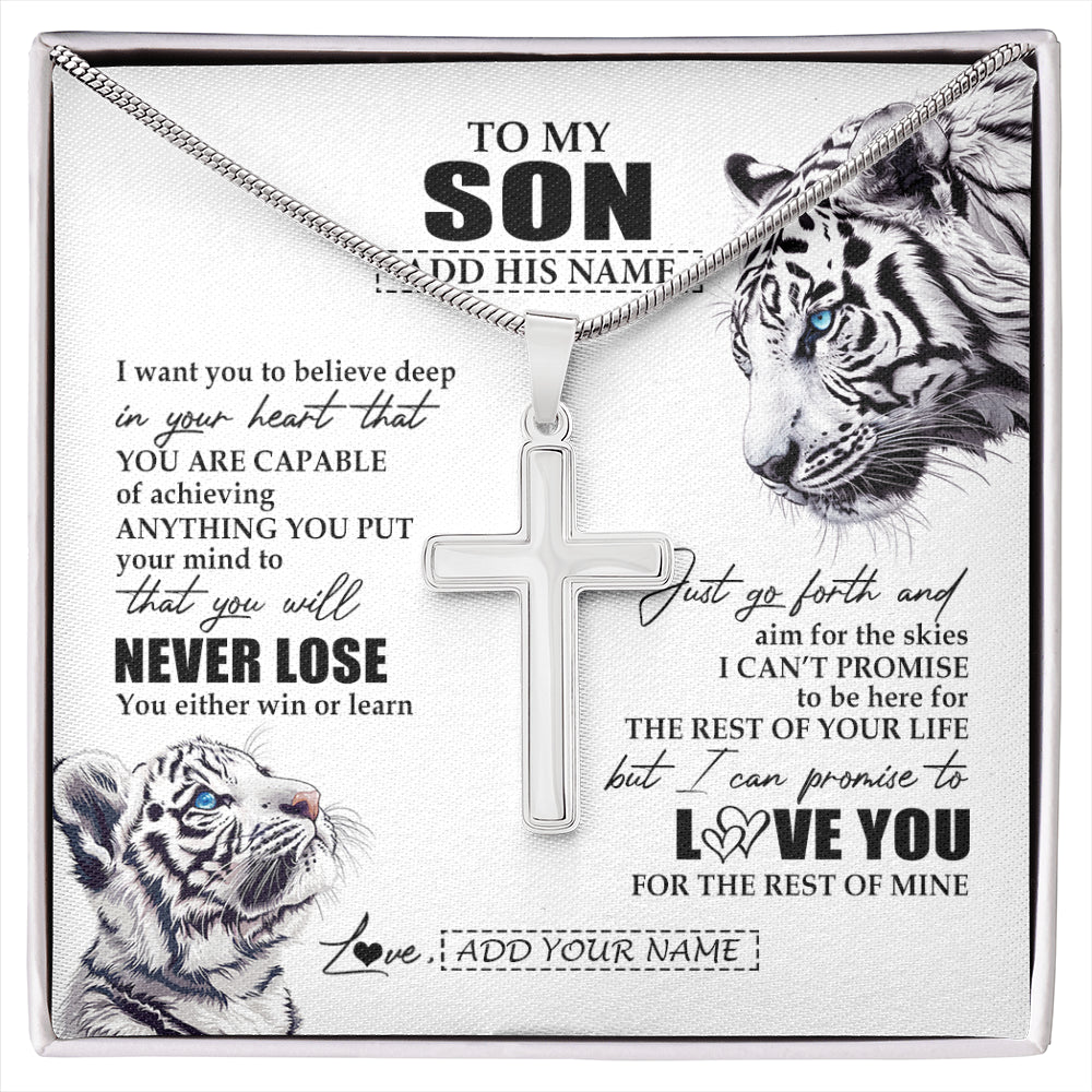 Stainless Cross Necklace Stainless Steel | 1 | Personalized To My Son Necklace From Mom Dad Mother You Will Never Lose White Tiger Son Birthday Gifts Graduation Christmas Customized Gift Box Message Card | siriusteestore