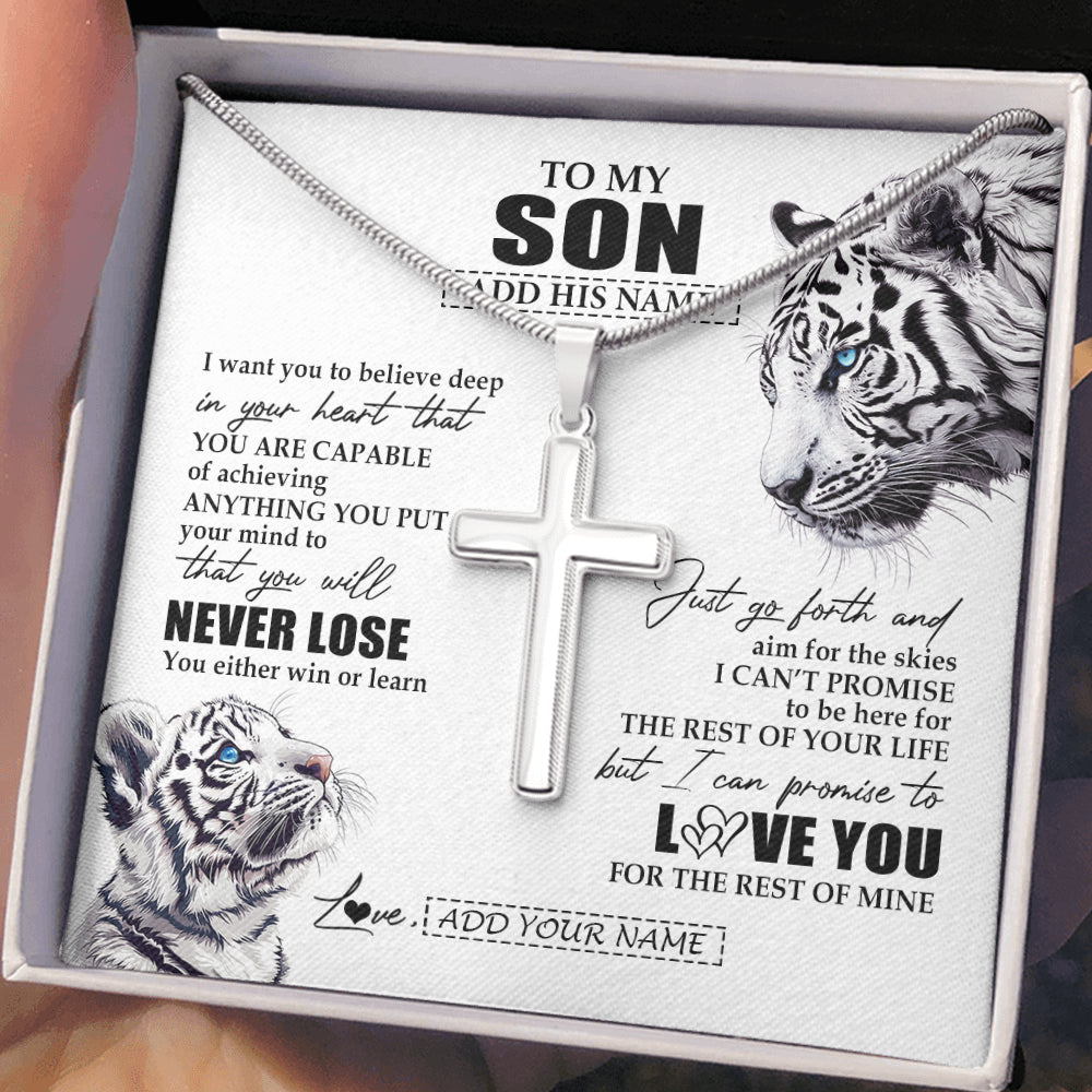 Stainless Cross Necklace Stainless Steel | 2 | Personalized To My Son Necklace From Mom Dad Mother You Will Never Lose White Tiger Son Birthday Gifts Graduation Christmas Customized Gift Box Message Card | siriusteestore