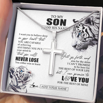 Stainless Cross Necklace Stainless Steel | 2 | Personalized To My Son Necklace From Mom Dad Mother You Will Never Lose White Tiger Son Birthday Gifts Graduation Christmas Customized Gift Box Message Card | siriusteestore