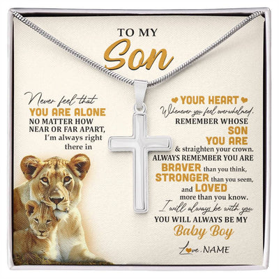 Stainless Cross Necklace Stainless Steel | 1 | Personalized To My Son Necklace From Mom Mother Lion Never Feel That You Are Alone Great Son Birthday Christmas Customized Gift Box Message Card | siriusteestore