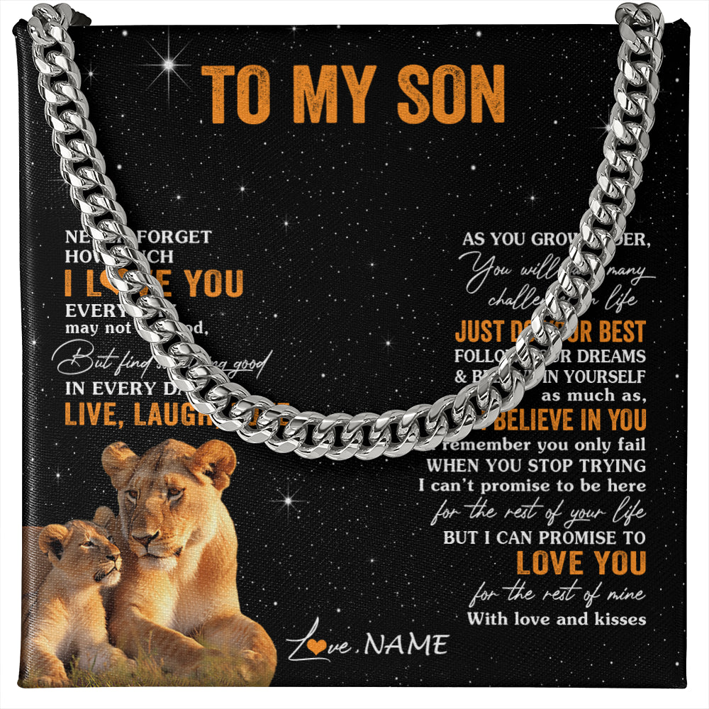 Cuban Link Chain Necklace Stainless Steel | 1 | Personalized To My Son Necklace From Mom Mother Live Laugh Love Lion Son Birthday Gifts Positive Graduation Christmas Customized Gift Box Message Card | siriusteestore