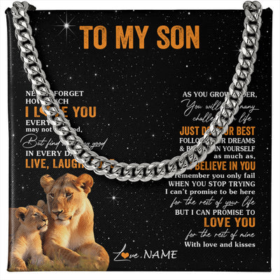 Cuban Link Chain Necklace Stainless Steel | 1 | Personalized To My Son Necklace From Mom Mother Live Laugh Love Lion Son Birthday Gifts Positive Graduation Christmas Customized Gift Box Message Card | siriusteestore