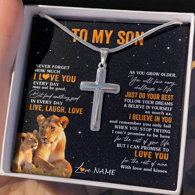 Stainless Cross Necklace Stainless Steel | 2 | Personalized To My Son Necklace From Mom Mother Live Laugh Love Lion Son Birthday Gifts Positive Graduation Christmas Customized Gift Box Message Card | siriusteestore