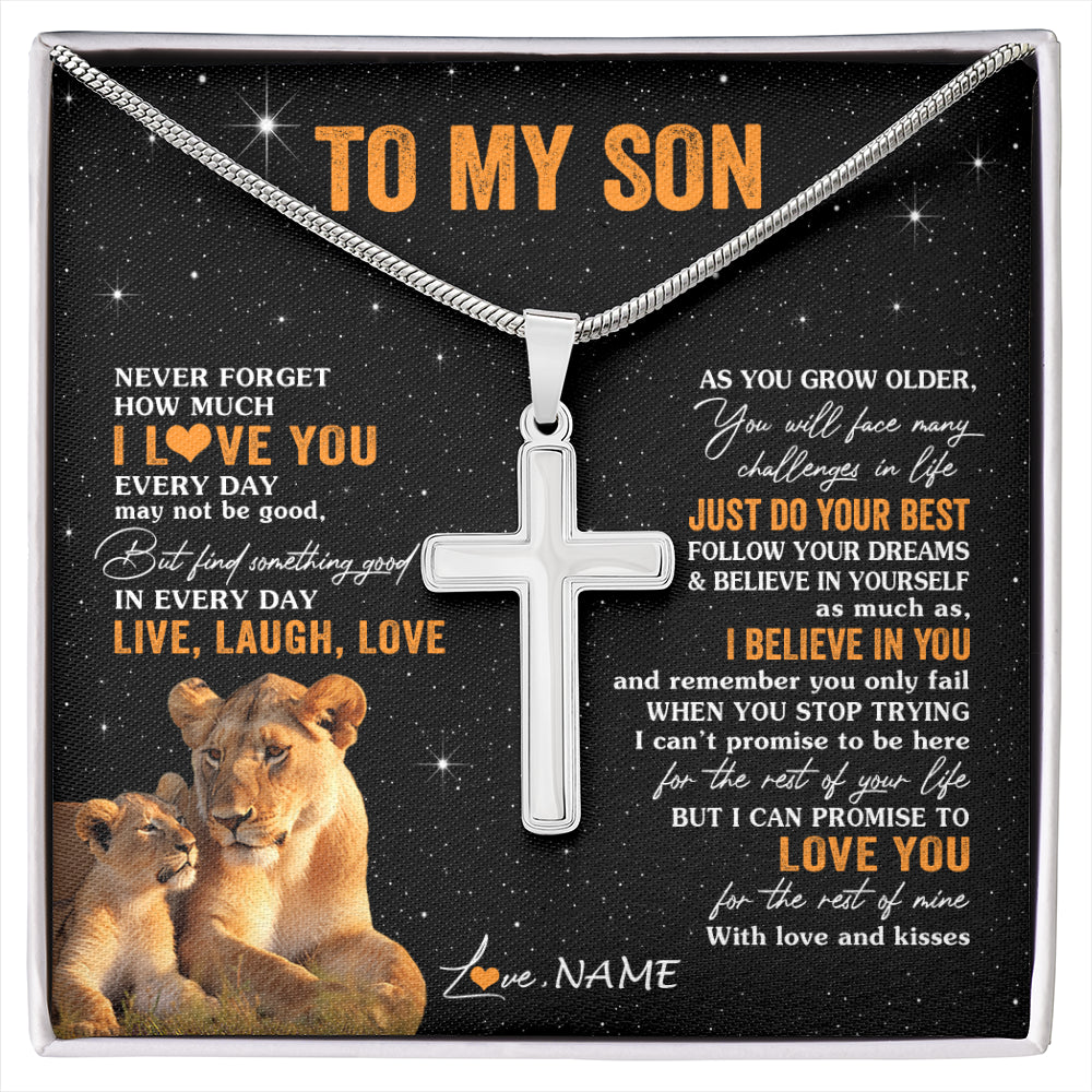 Stainless Cross Necklace Stainless Steel | 1 | Personalized To My Son Necklace From Mom Mother Live Laugh Love Lion Son Birthday Gifts Positive Graduation Christmas Customized Gift Box Message Card | siriusteestore