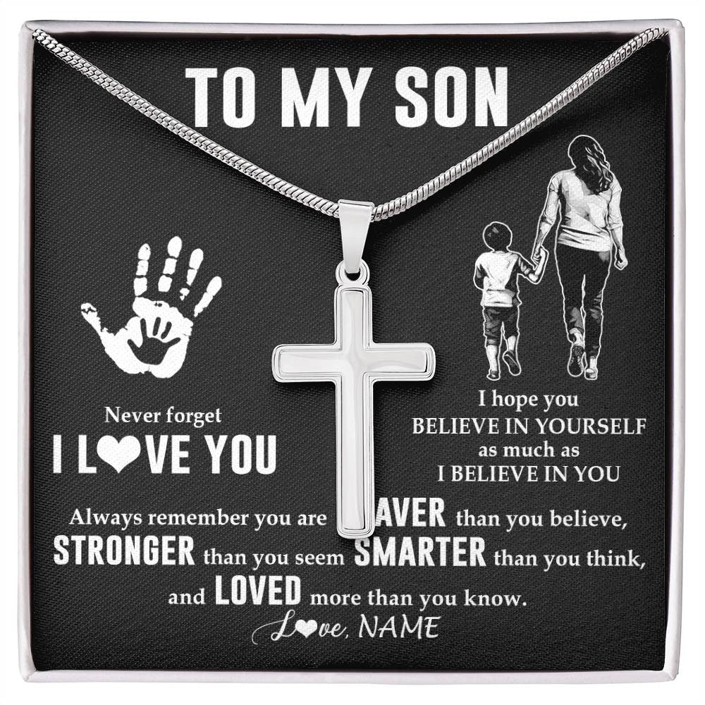 Stainless Cross Necklace Stainless Steel | 1 | Personalized To My Son Necklace From Mom Mother Never Forget I Love You Son Birthday Gifts Christmas New Year Graduation Customized Gift Box Message Card | siriusteestore