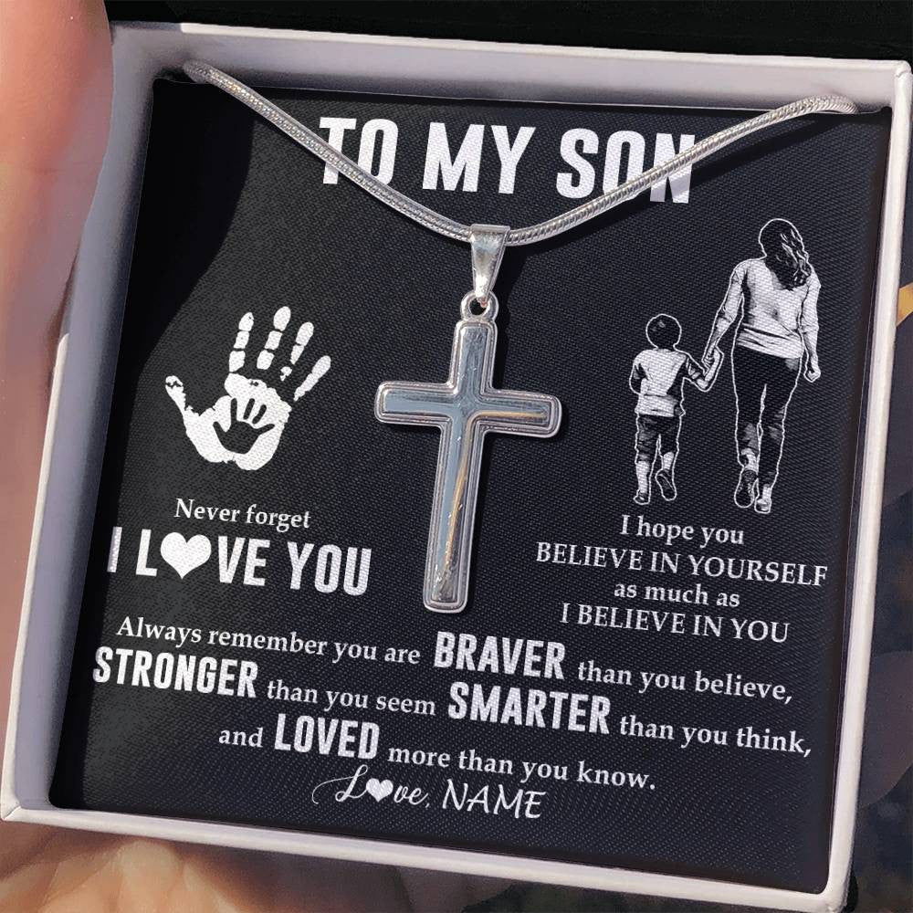 Stainless Cross Necklace Stainless Steel | 2 | Personalized To My Son Necklace From Mom Mother Never Forget I Love You Son Birthday Gifts Christmas New Year Graduation Customized Gift Box Message Card | siriusteestore