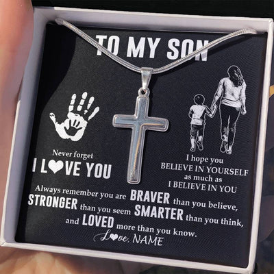 Stainless Cross Necklace Stainless Steel | 2 | Personalized To My Son Necklace From Mom Mother Never Forget I Love You Son Birthday Gifts Christmas New Year Graduation Customized Gift Box Message Card | siriusteestore