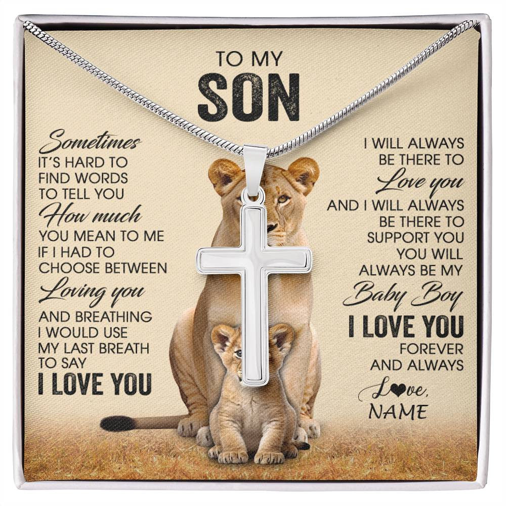 Stainless Cross Necklace Stainless Steel | 1 | Personalized To My Son Necklace From Mom Mother Sometimes It's Hard Lion Son Gift Birthday Jewelry Graduation Christmas Customized Gift Box Message Card | siriusteestore