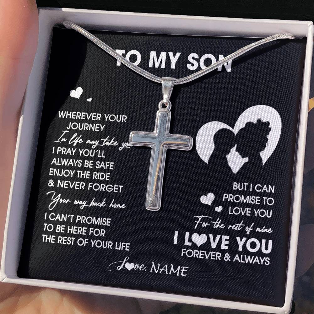 Stainless Cross Necklace Stainless Steel | 2 | Personalized To My Son Necklace From Mom Mother Wherever Your Journey Son Birthday Gifts Jewelry Graduation Christmas Customized Gift Box Message Card | siriusteestore