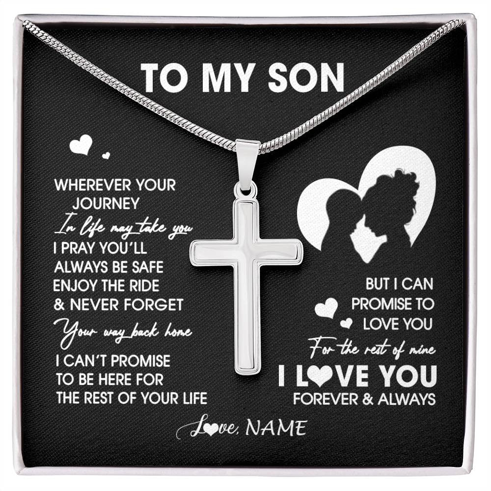 Stainless Cross Necklace Stainless Steel | 1 | Personalized To My Son Necklace From Mom Mother Wherever Your Journey Son Birthday Gifts Jewelry Graduation Christmas Customized Gift Box Message Card | siriusteestore