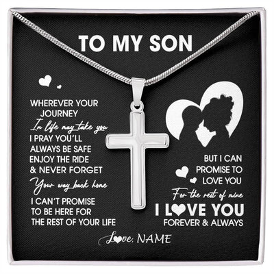 Stainless Cross Necklace Stainless Steel | 1 | Personalized To My Son Necklace From Mom Mother Wherever Your Journey Son Birthday Gifts Jewelry Graduation Christmas Customized Gift Box Message Card | siriusteestore